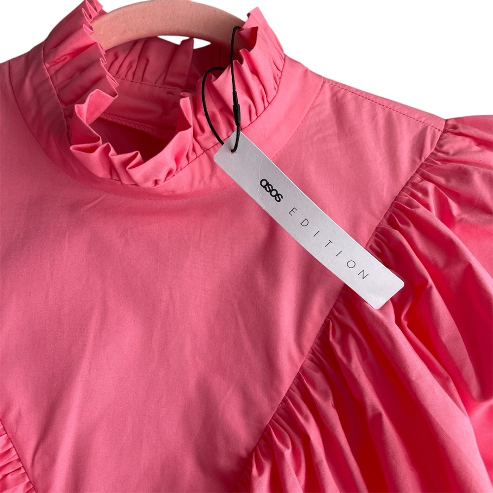 ASOS EDITION High neck Ruffle Mini dress Size 10 Pink Romantic Oversized Cuffs - Picture 5 of 10